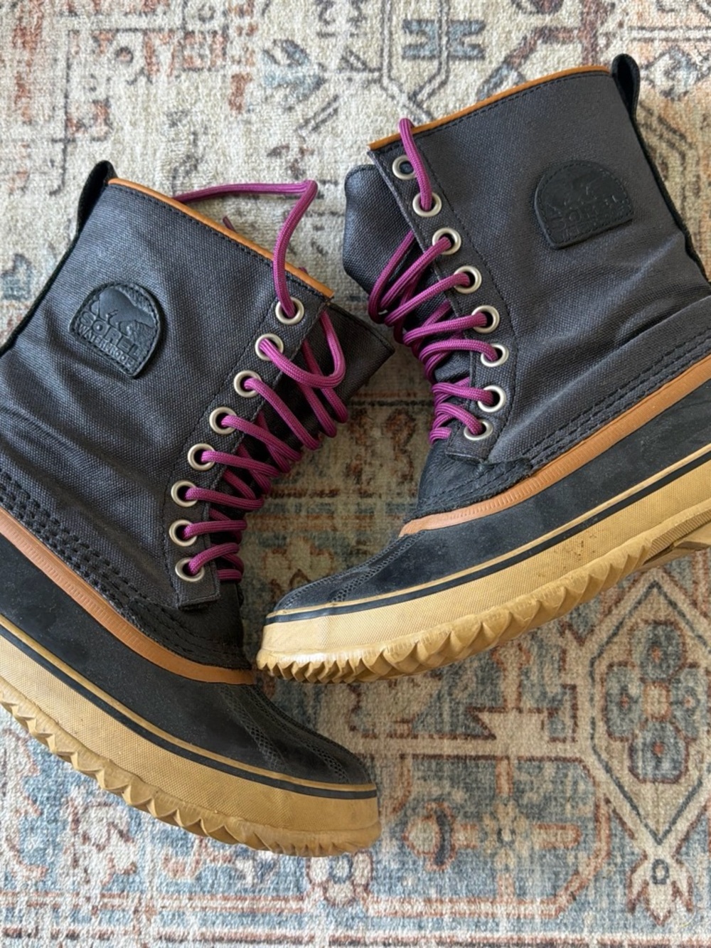 Sorel Black Canvas Duck Boots with Purple Laces